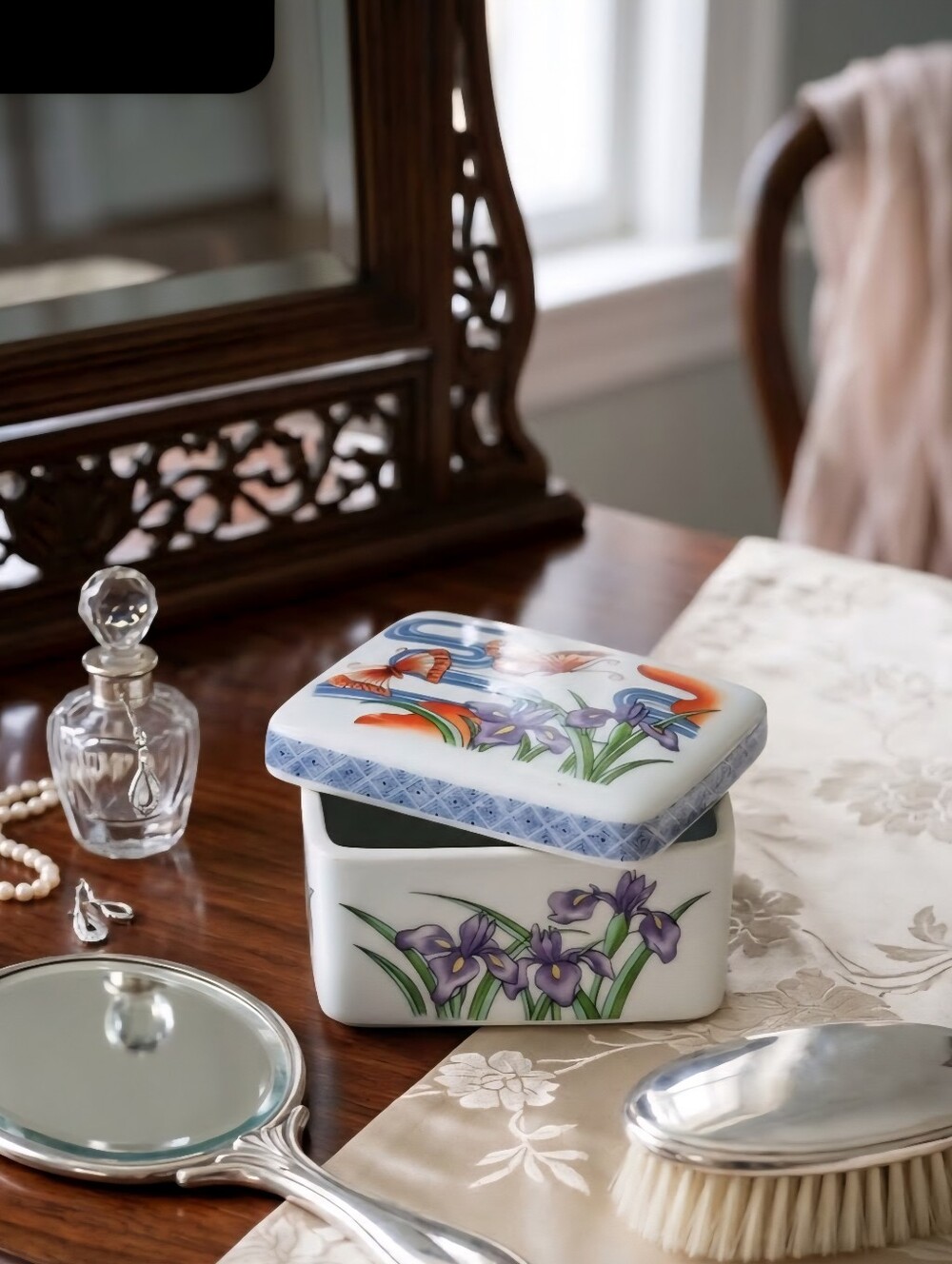 Vintage Hand-Painted Porcelain Trinket Box with Floral & Butterfly Motif